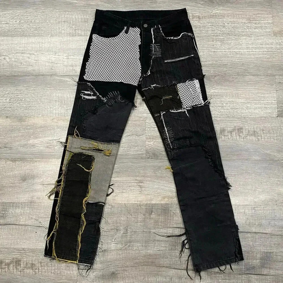 MNML Jeans Mens 28‎ Black Patchwork Distressed Grunge Biker Streetwear Punk - Picture 2 of 13